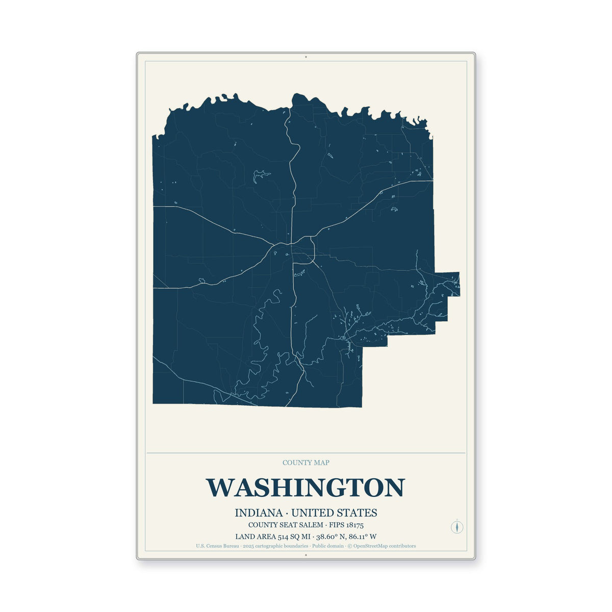 Washington County, Indiana Map Aluminum Sign in Coastal Cutout style
