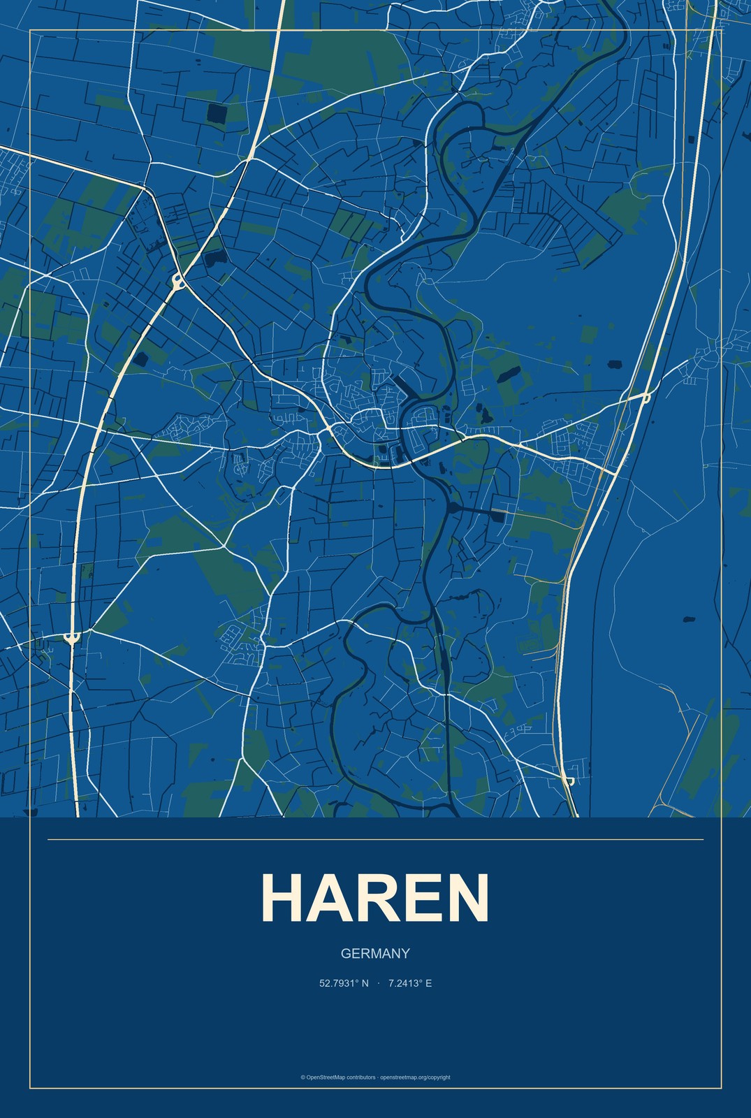 Haren, Germany City Map Aluminum Sign in Harbor Cobalt style