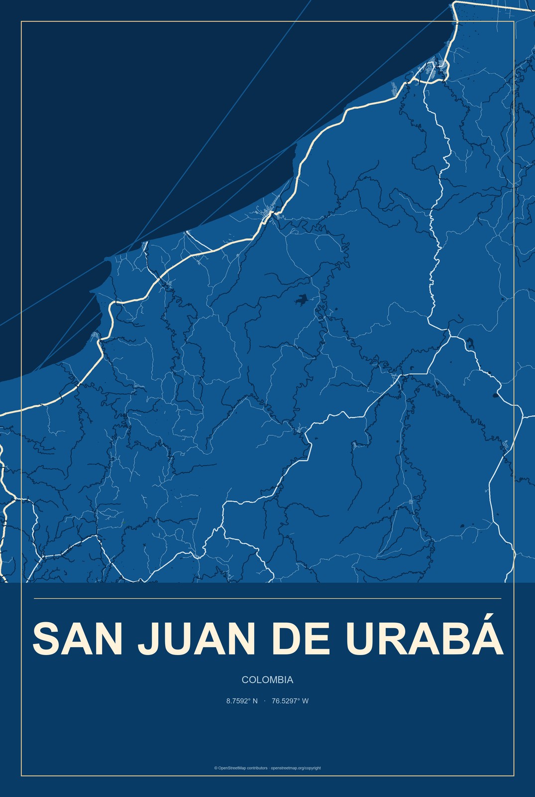 San Juan de Urabá, Colombia City Map Aluminum Sign in Harbor Cobalt style
