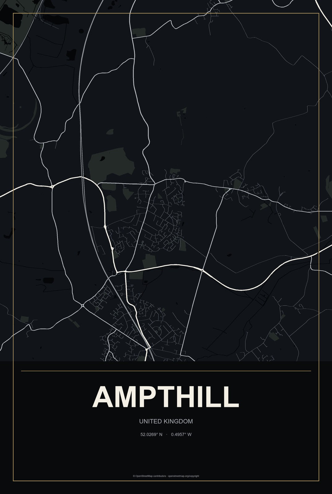 Ampthill, United Kingdom City Map Aluminum Sign in Metropolitan Noir style