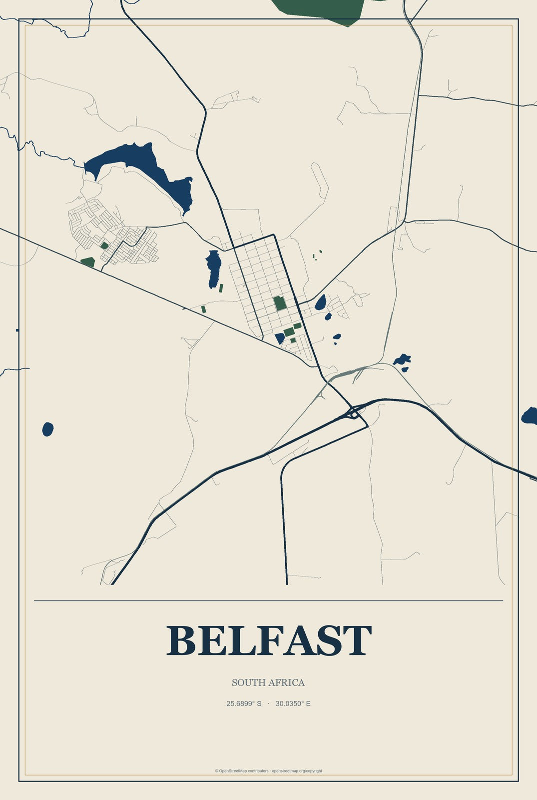 Belfast, South Africa City Map Aluminum Sign in Coastal Cutout style