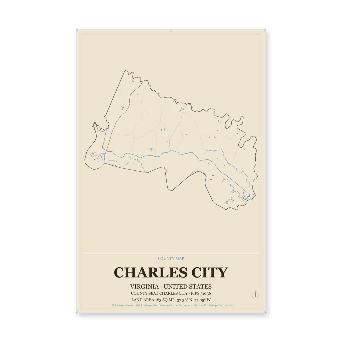 Charles City County, Virginia Map Aluminum Sign in Heritage Nautical style