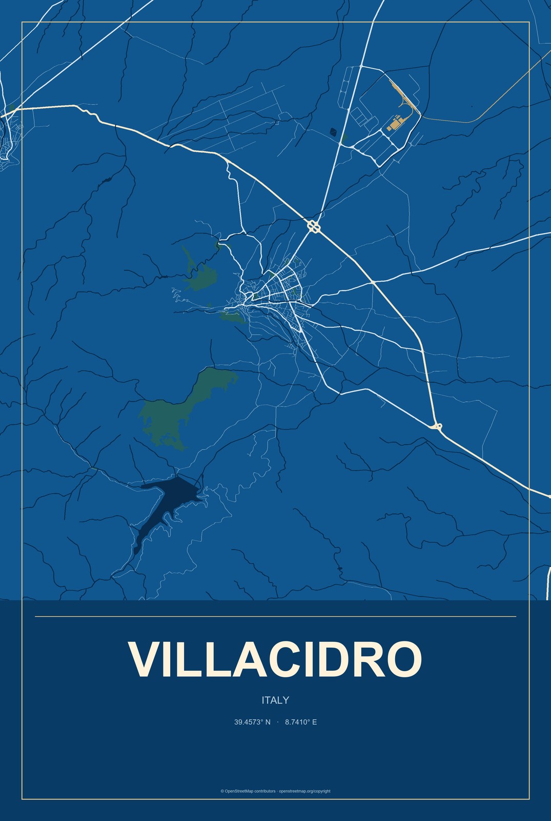 Villacidro, Italy City Map Aluminum Sign in Harbor Cobalt style