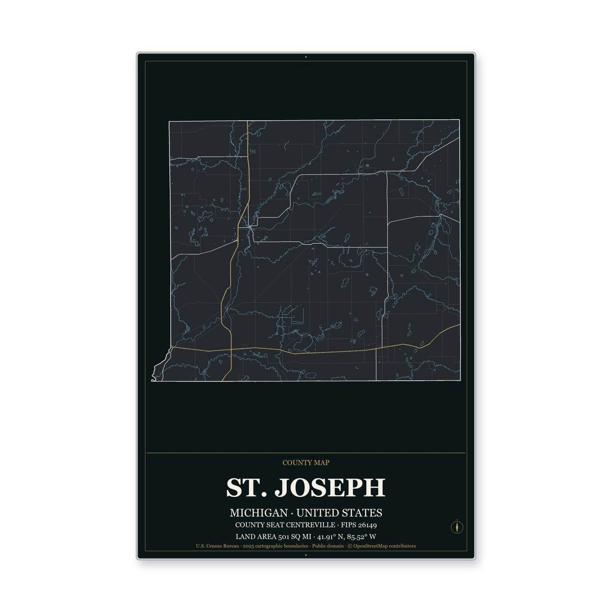 St. Joseph County, Michigan Map Aluminum Sign in Metropolitan Noir style