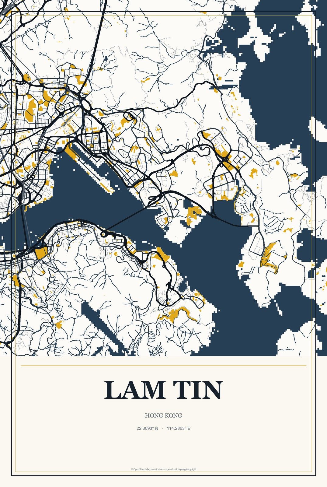 Lam Tin, Hong Kong City Map Aluminum Sign in Citrine Modern style