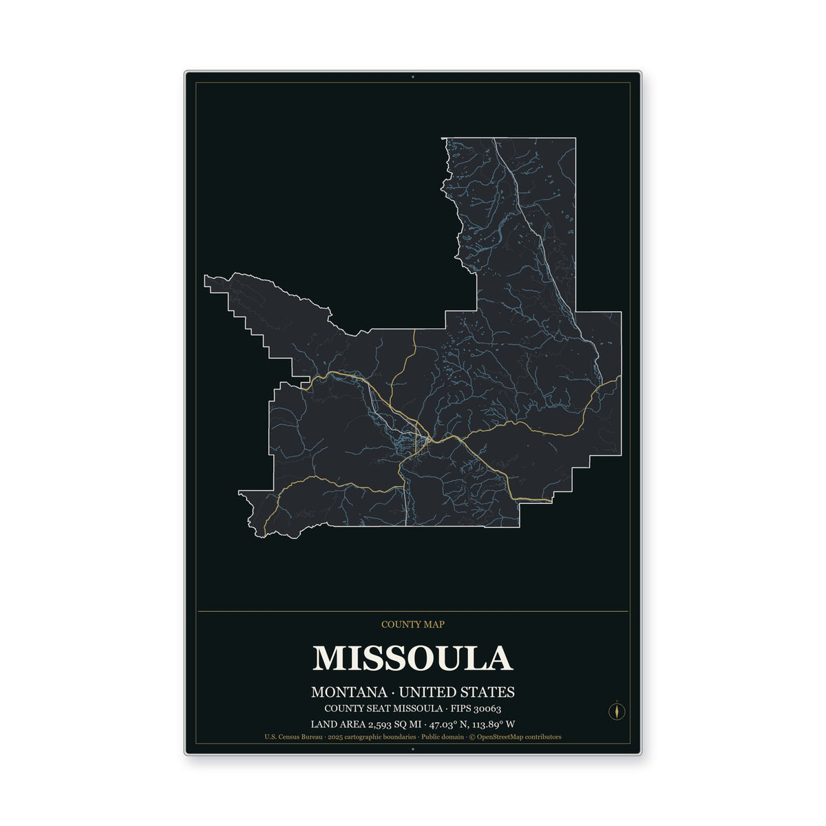 Missoula County, Montana Map Aluminum Sign in Metropolitan Noir style