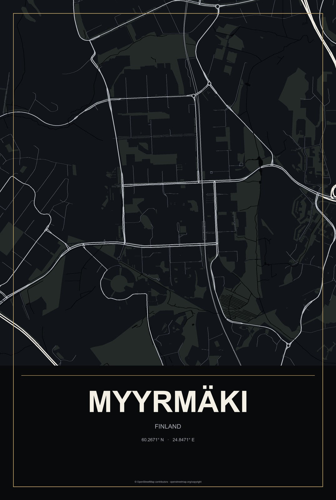 Myyrmäki, Finland City Map Aluminum Sign in Metropolitan Noir style