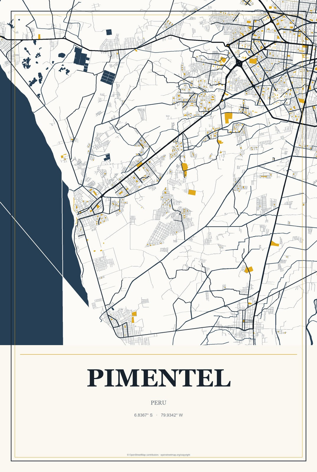 Pimentel, Peru City Map Aluminum Sign in Citrine Modern style