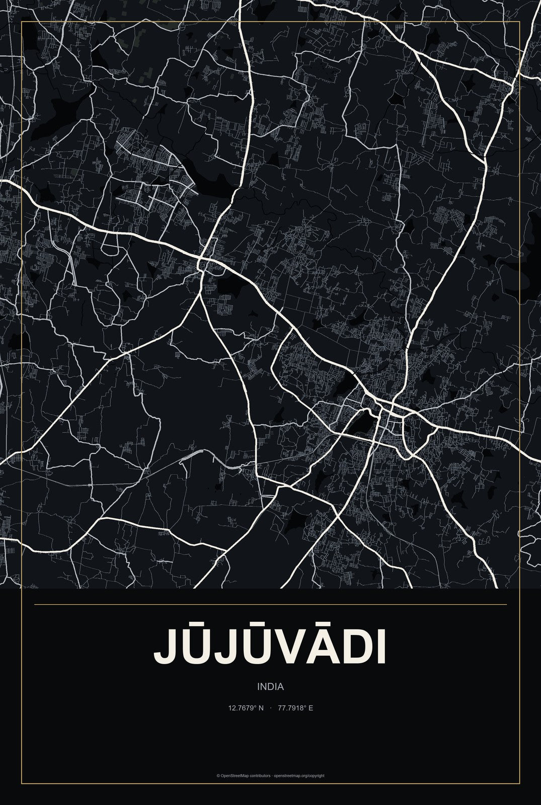 Jūjūvādi, India City Map Aluminum Sign in Metropolitan Noir style