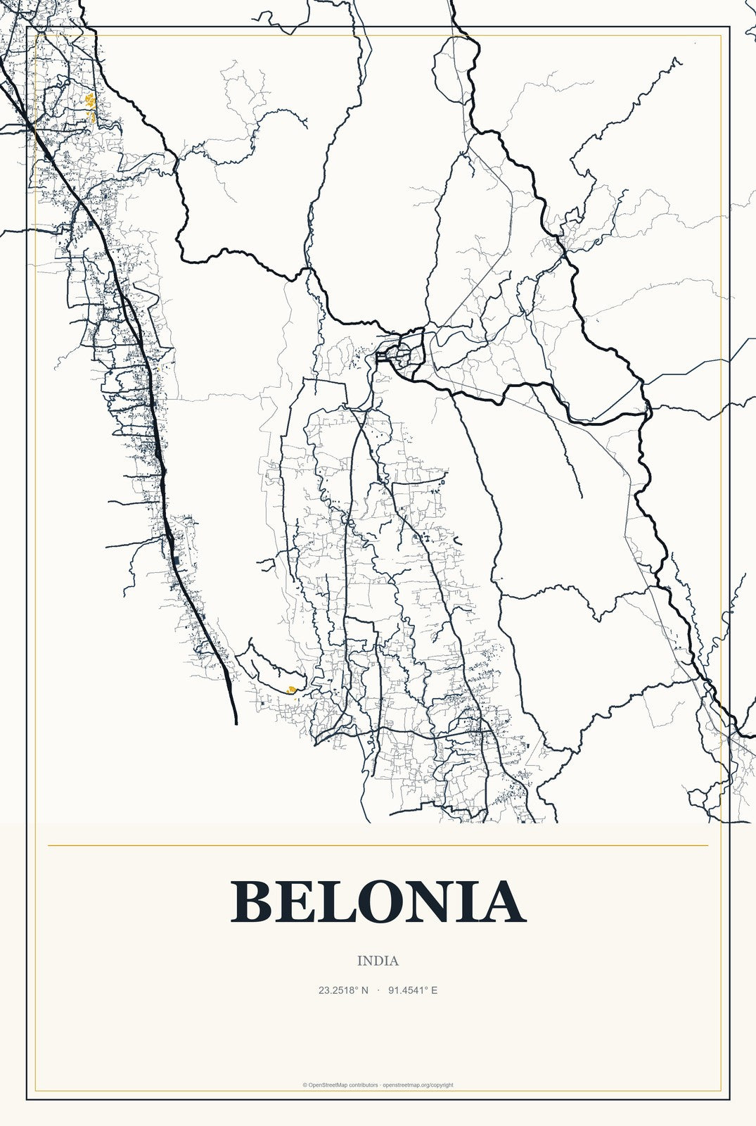Belonia, India City Map Aluminum Sign in Citrine Modern style