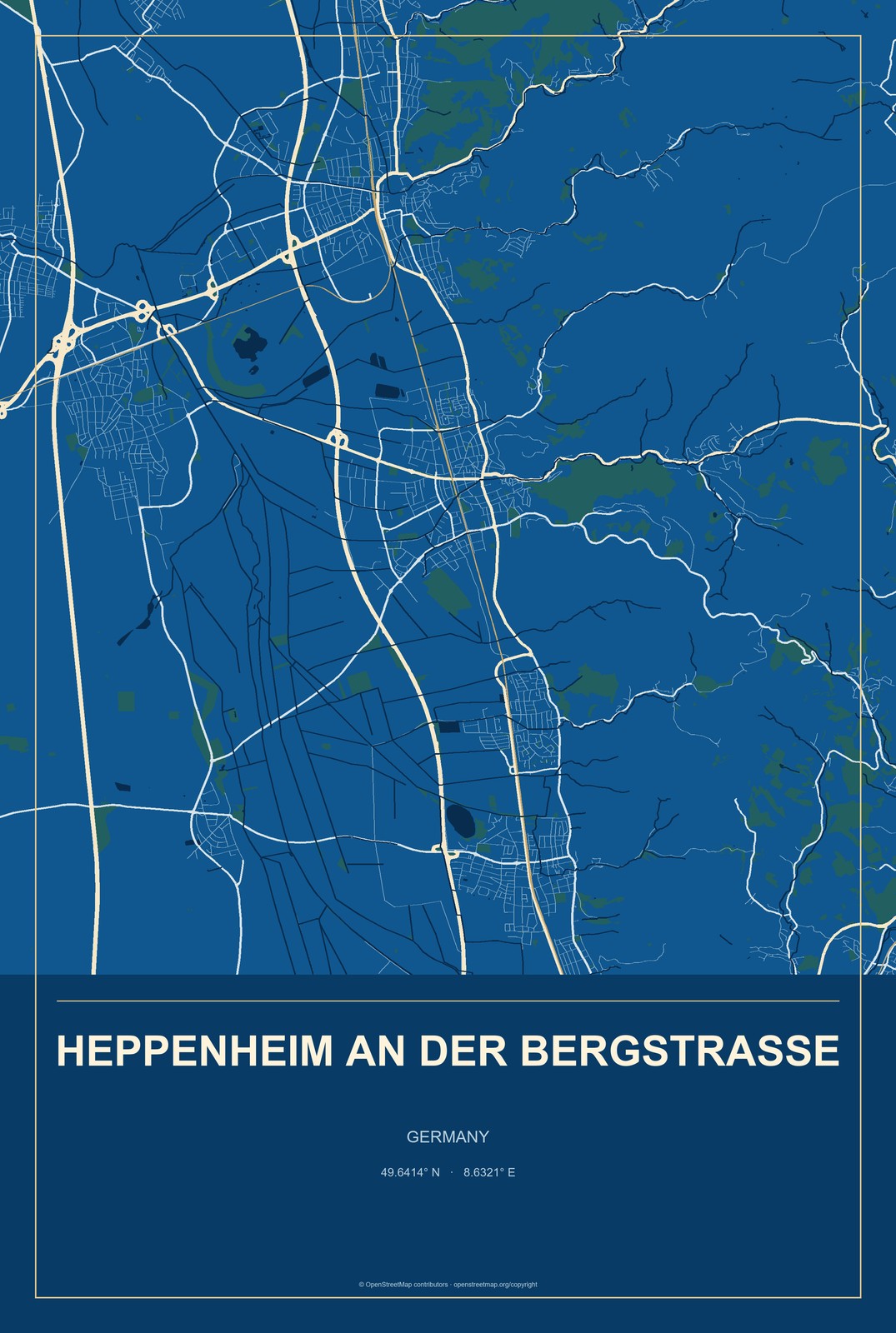 Heppenheim an der Bergstrasse, Germany City Map Aluminum Sign in Harbor Cobalt style