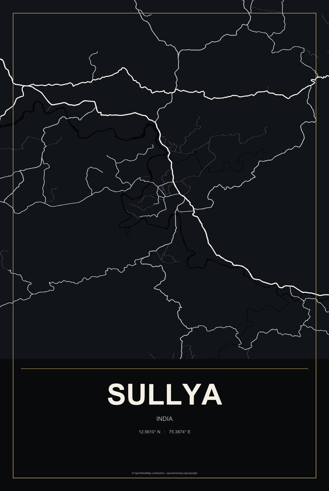 Sullya, India City Map Aluminum Sign in Metropolitan Noir style