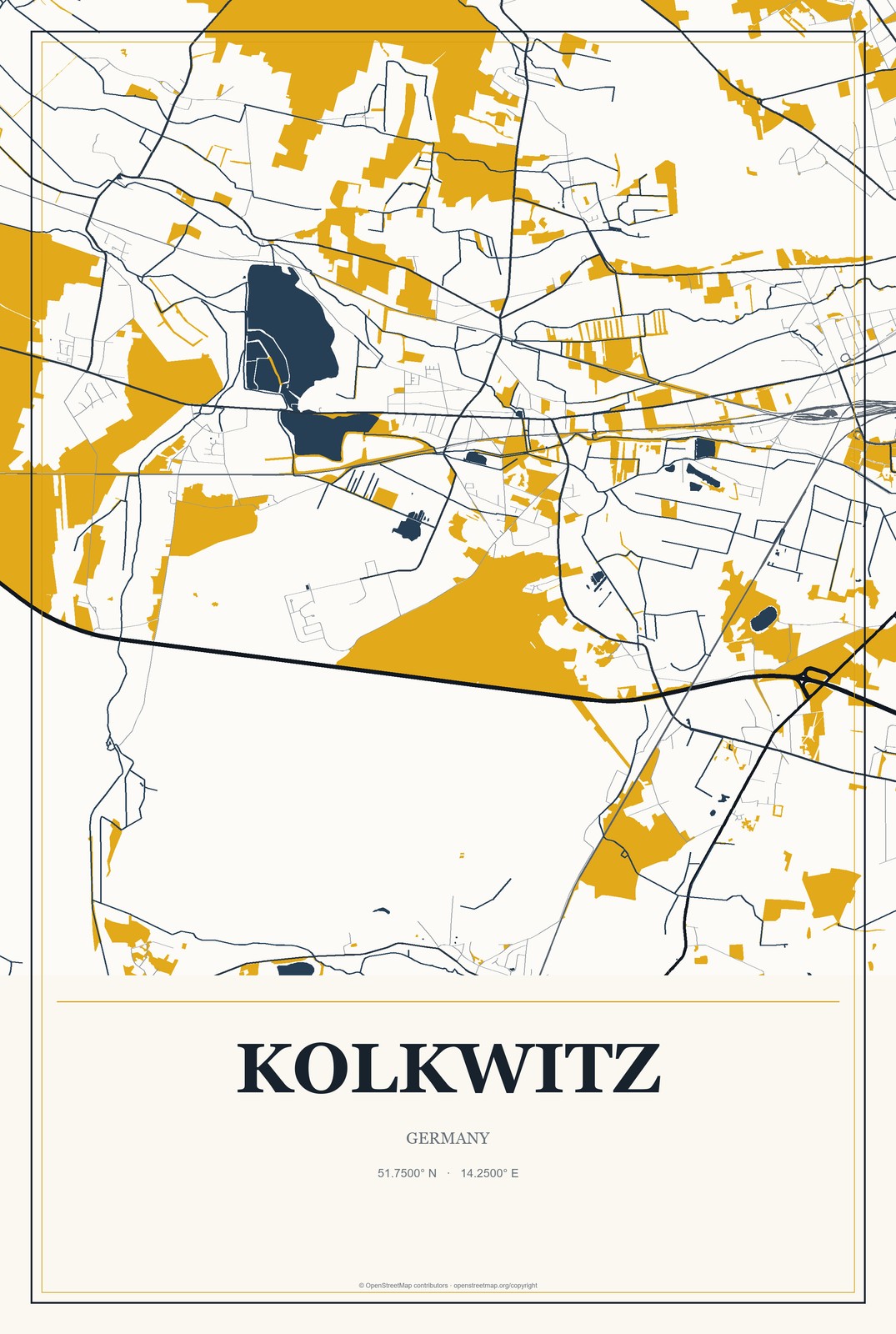 Kolkwitz, Germany City Map Aluminum Sign in Citrine Modern style