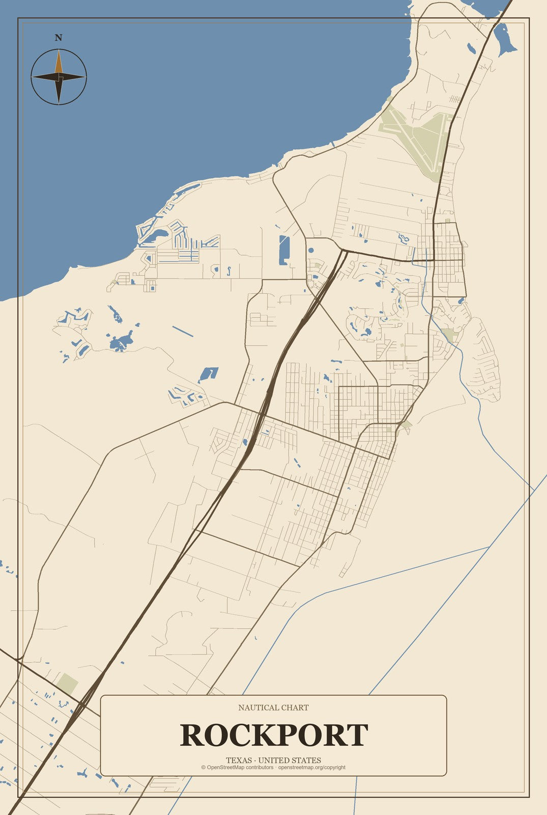 Rockport, Texas City Map Aluminum Sign in Heritage Nautical style