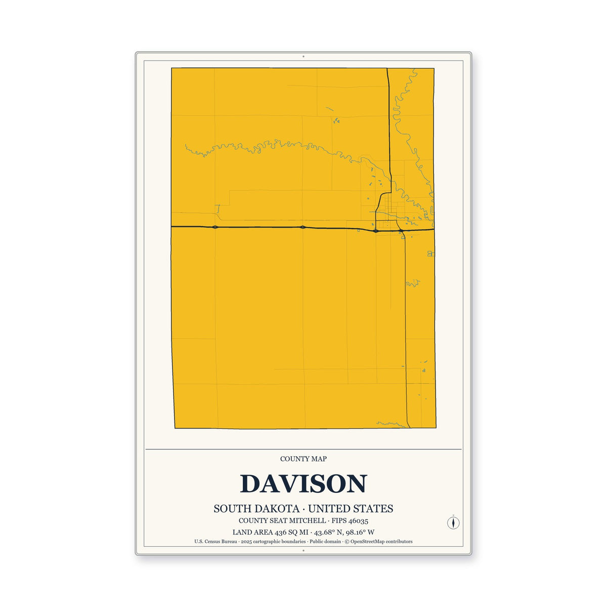 Davison County, South Dakota Map Aluminum Sign in Citrine Modern style