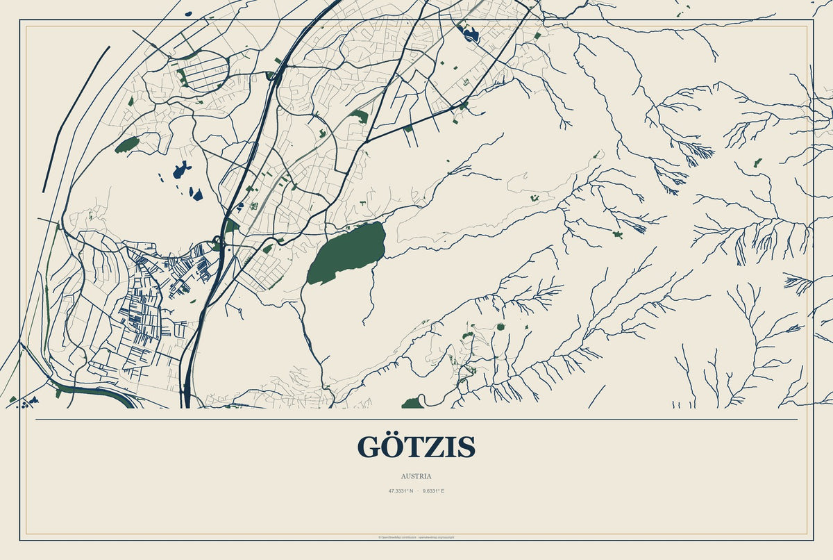 Götzis, Austria City Map Aluminum Sign in Coastal Cutout style