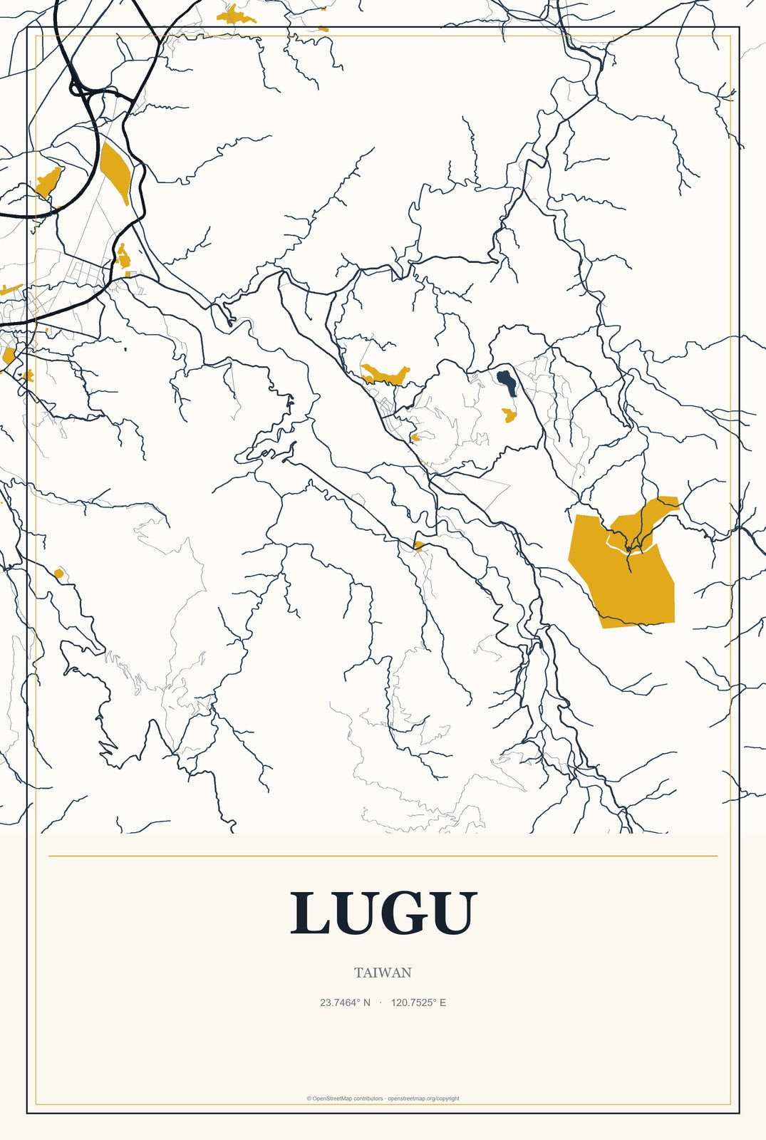 Lugu, Taiwan City Map Aluminum Sign in Citrine Modern style