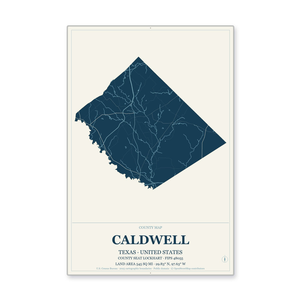 Caldwell County, Texas Map Aluminum Sign in Coastal Cutout style