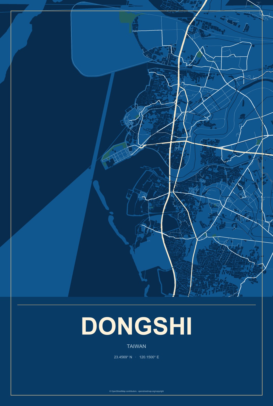 Dongshi, Taiwan City Map Aluminum Sign in Harbor Cobalt style