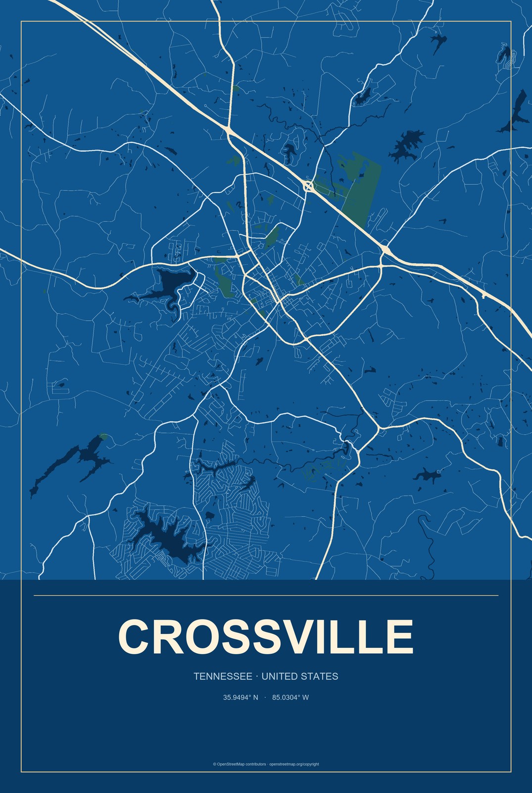 Crossville, Tennessee City Map Aluminum Sign in Harbor Cobalt style