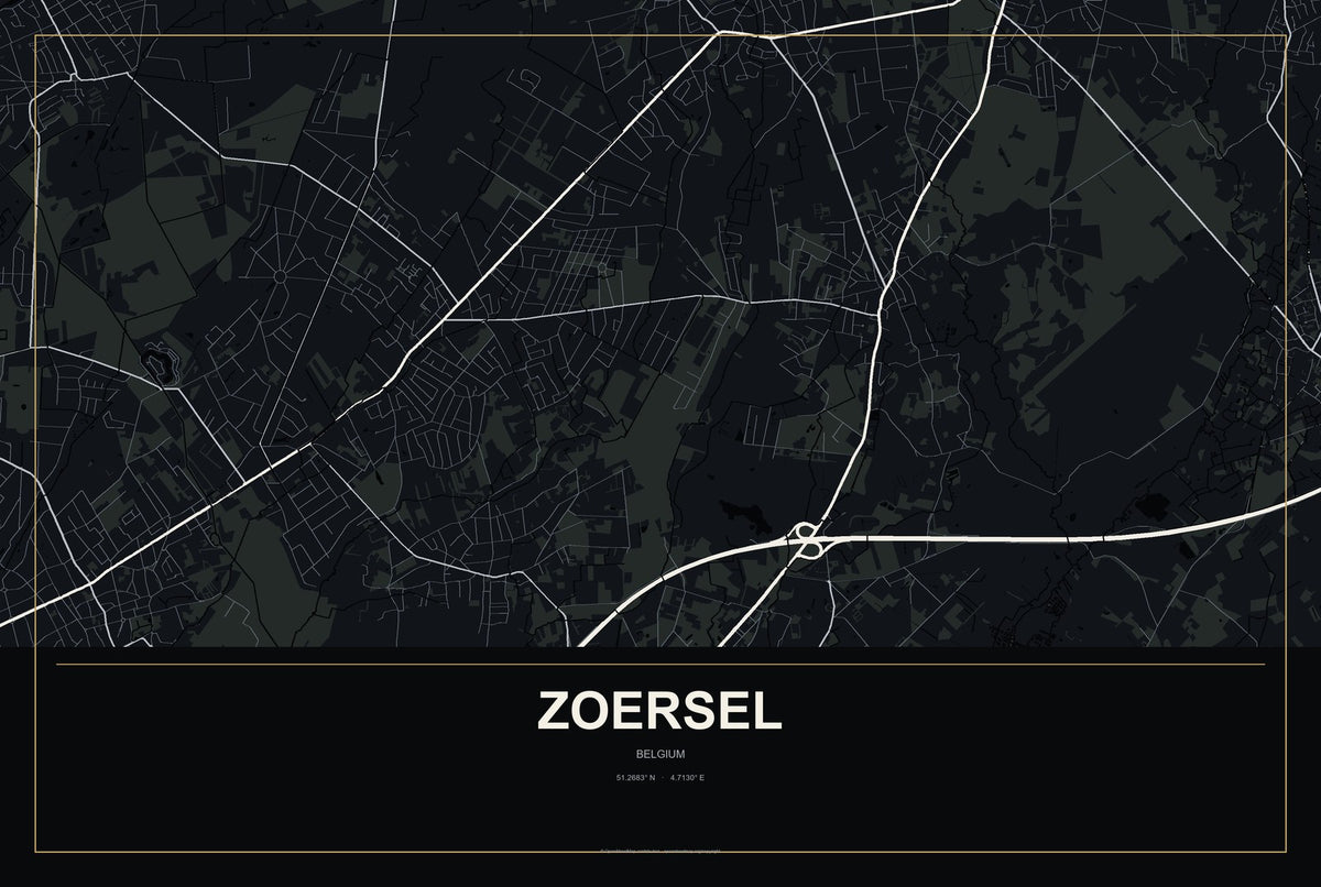 Zoersel, Belgium City Map Aluminum Sign in Metropolitan Noir style