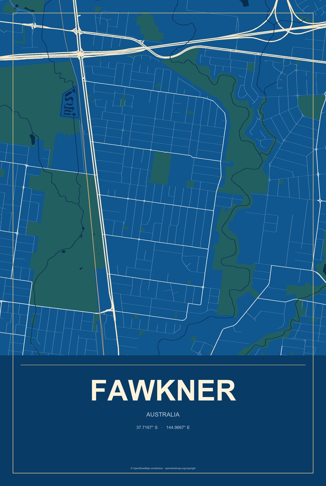 Fawkner, Australia City Map Aluminum Sign in Harbor Cobalt style