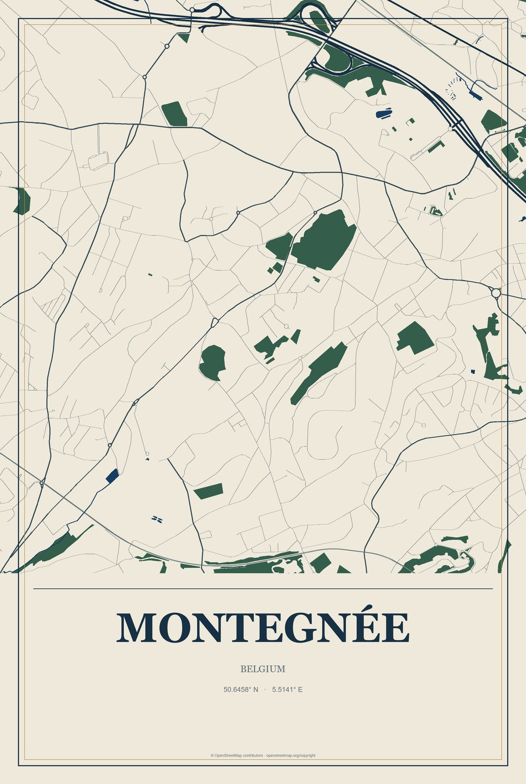 Montegnée, Belgium City Map Aluminum Sign in Coastal Cutout style