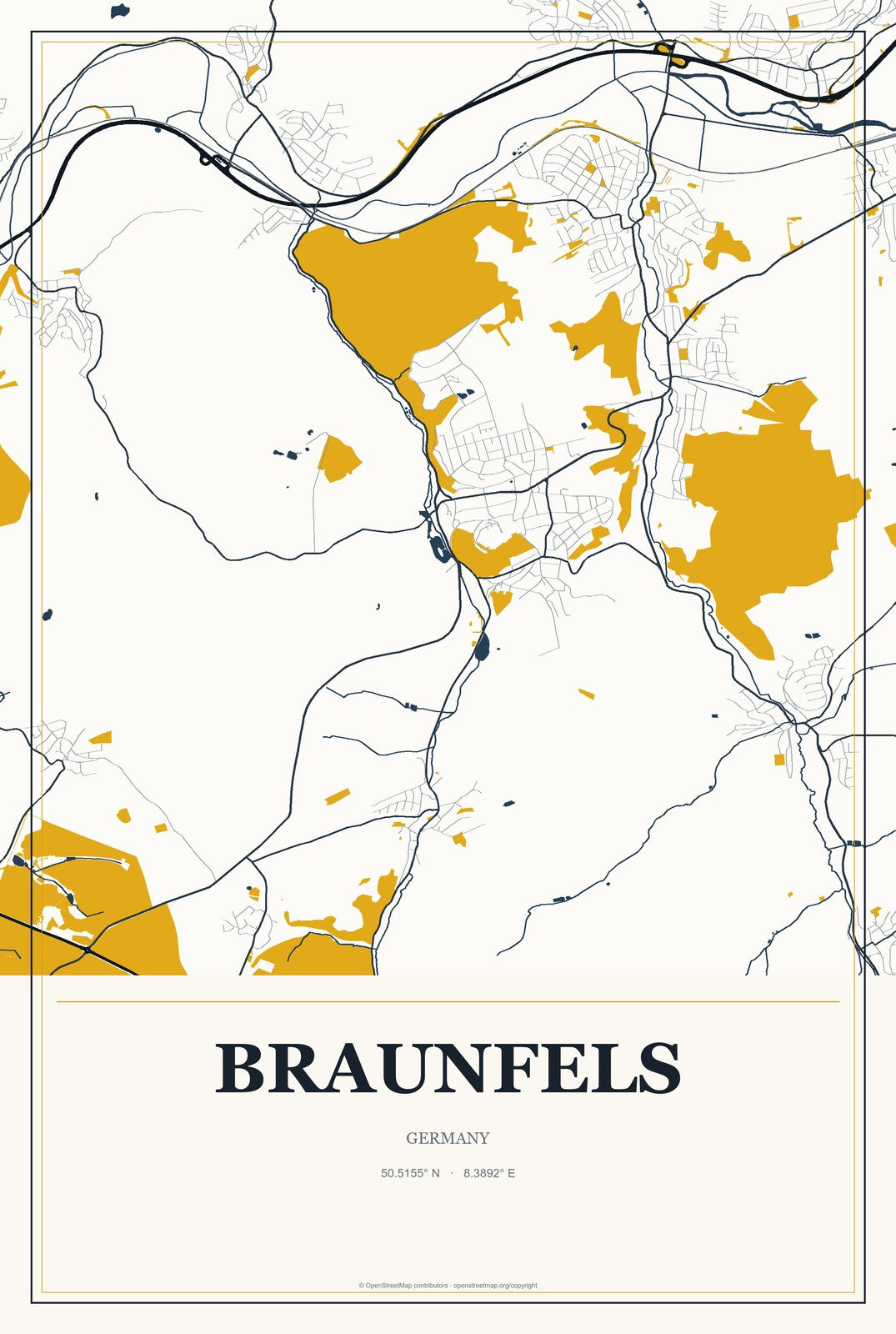 Braunfels, Germany City Map Aluminum Sign in Citrine Modern style