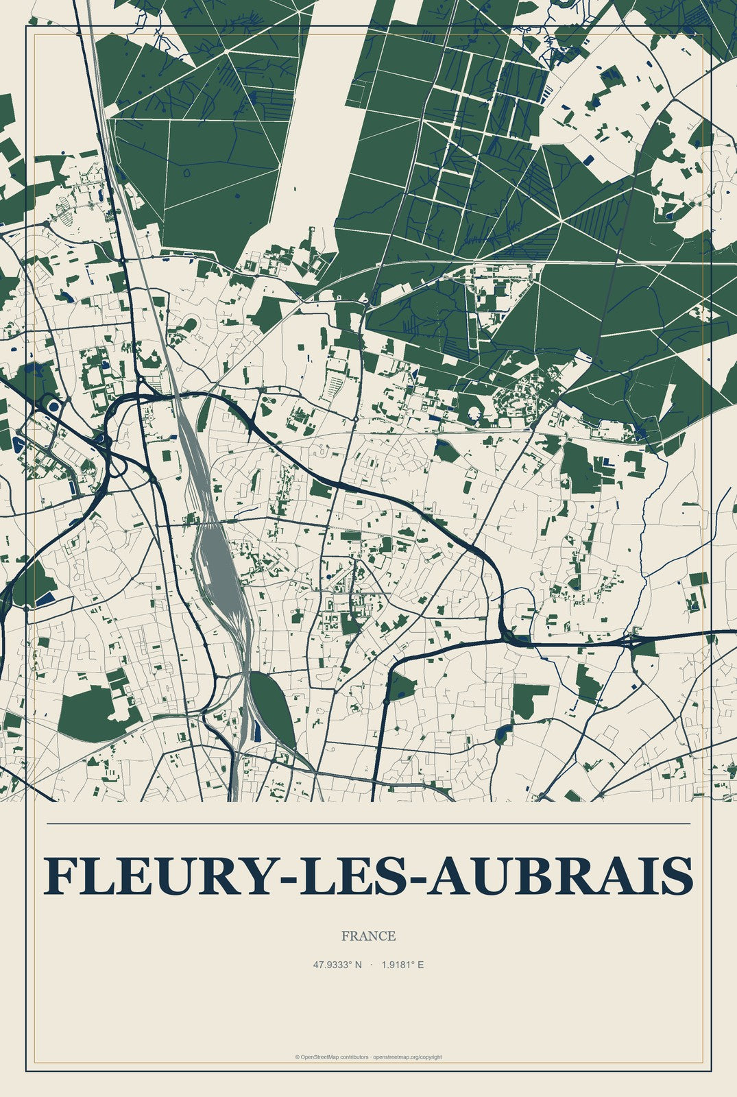 Fleury-les-Aubrais, France City Map Aluminum Sign in Coastal Cutout style