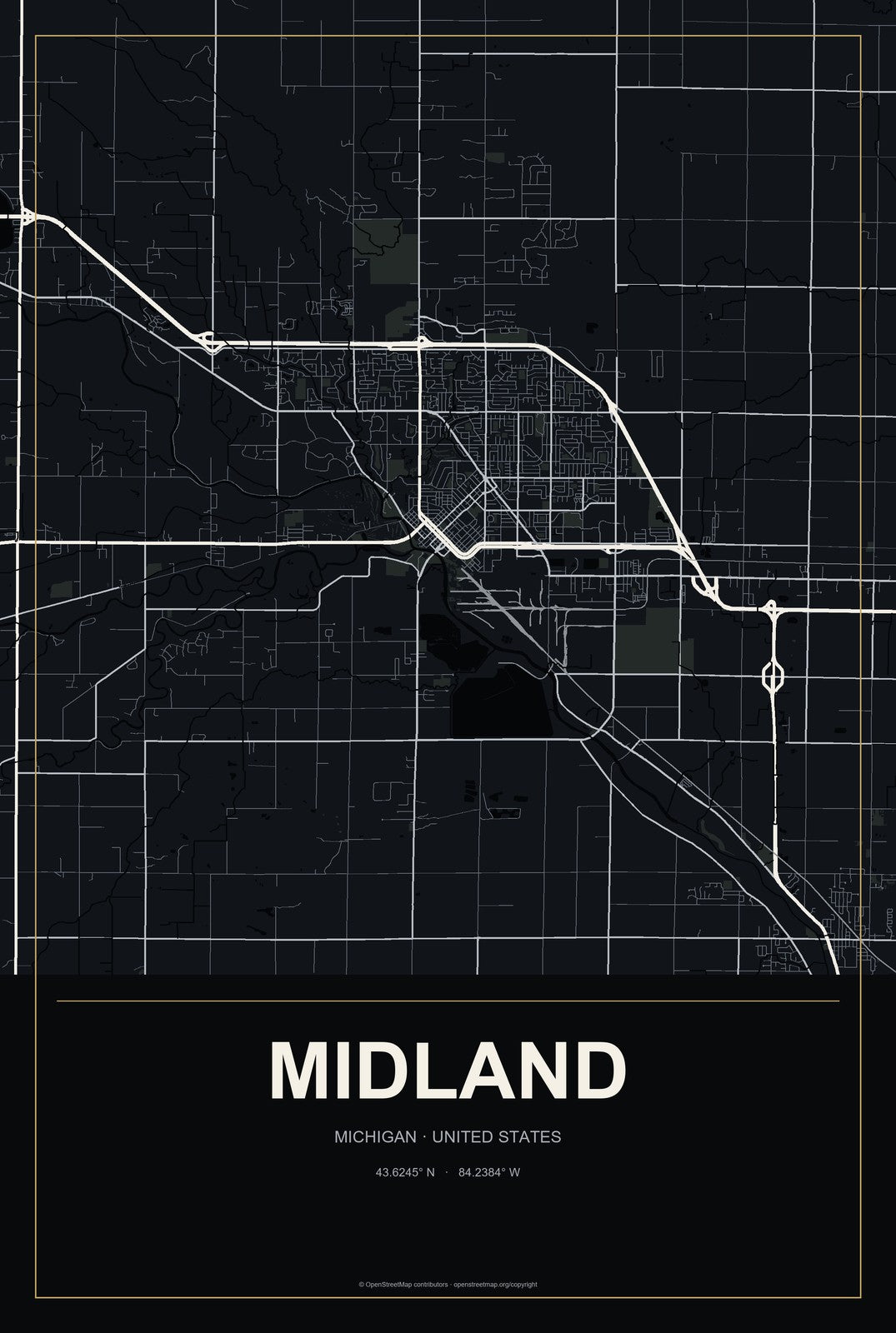 Midland, Michigan City Map Aluminum Sign in Metropolitan Noir style