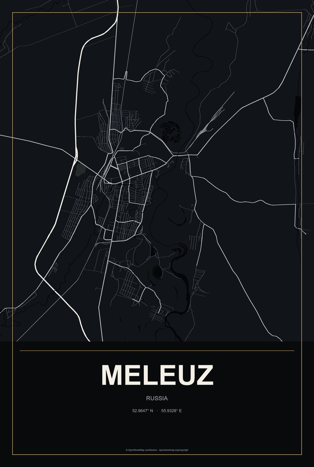 Meleuz, Russia City Map Aluminum Sign in Metropolitan Noir style