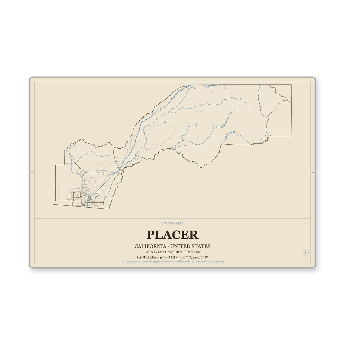 Placer County, California Map Aluminum Sign in Heritage Nautical style