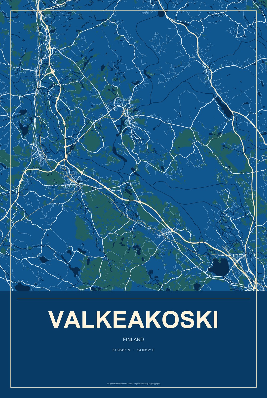 Valkeakoski, Finland City Map Aluminum Sign in Harbor Cobalt style