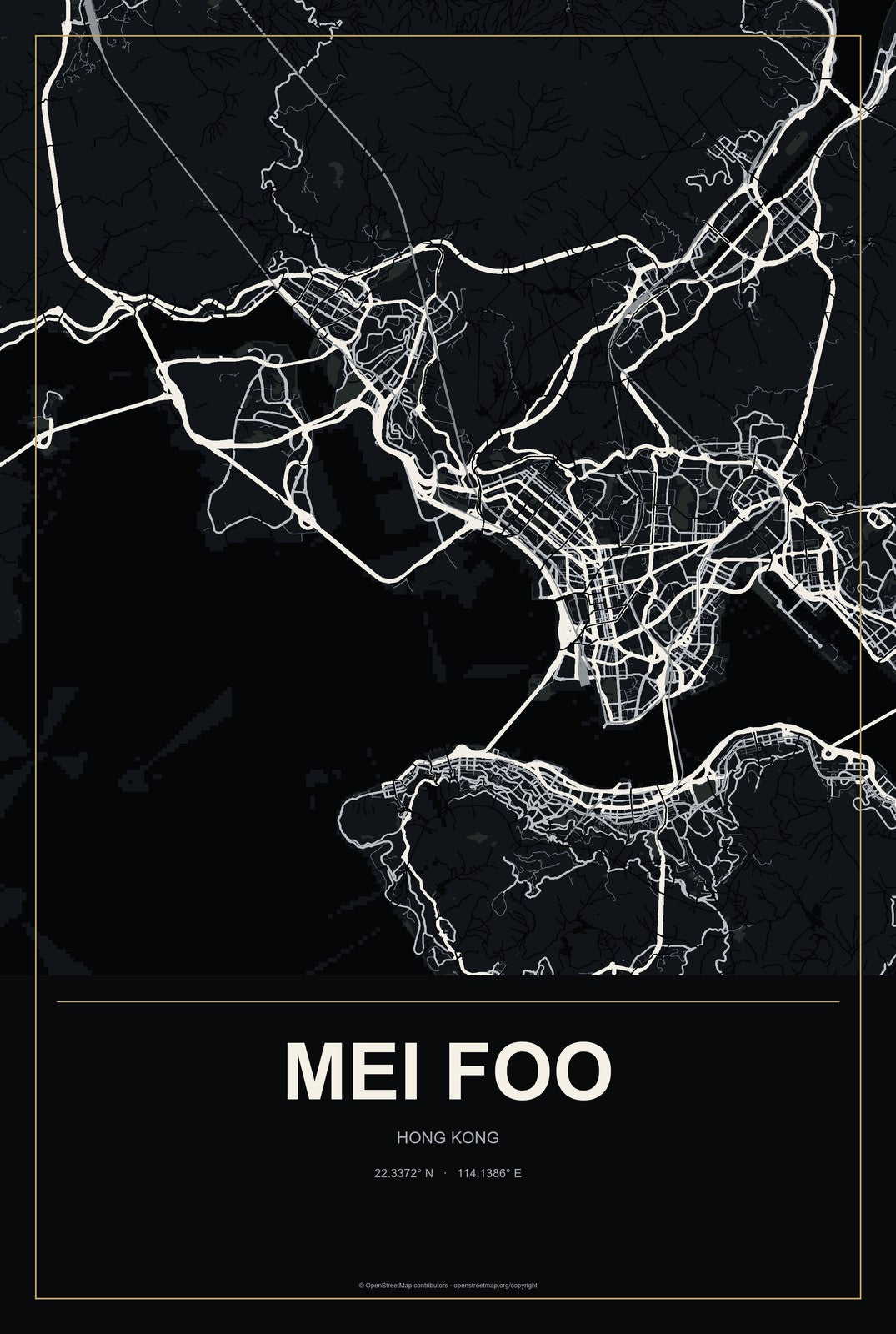 Mei Foo, Hong Kong City Map Aluminum Sign in Metropolitan Noir style