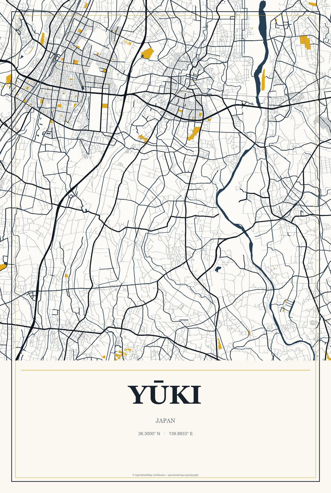 Yūki, Japan City Map Aluminum Sign in Citrine Modern style