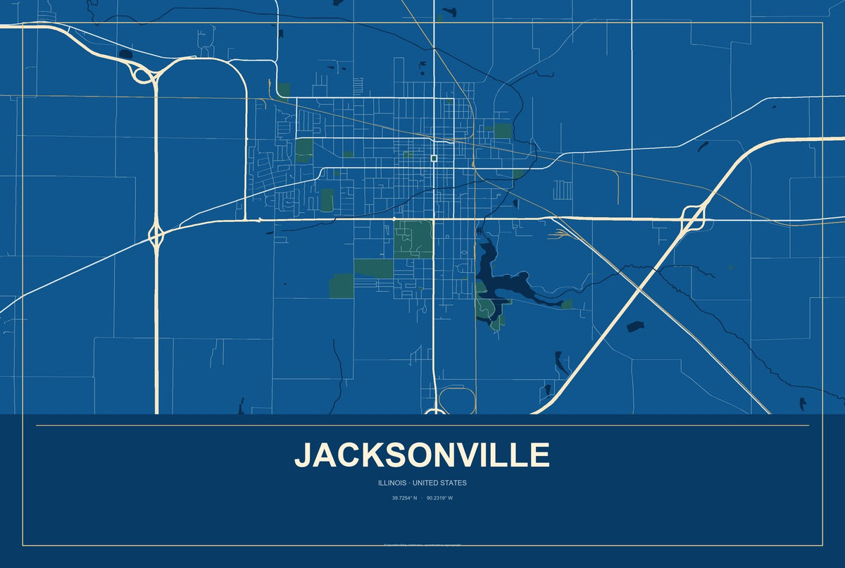 Jacksonville, Illinois City Map Aluminum Sign in Harbor Cobalt style