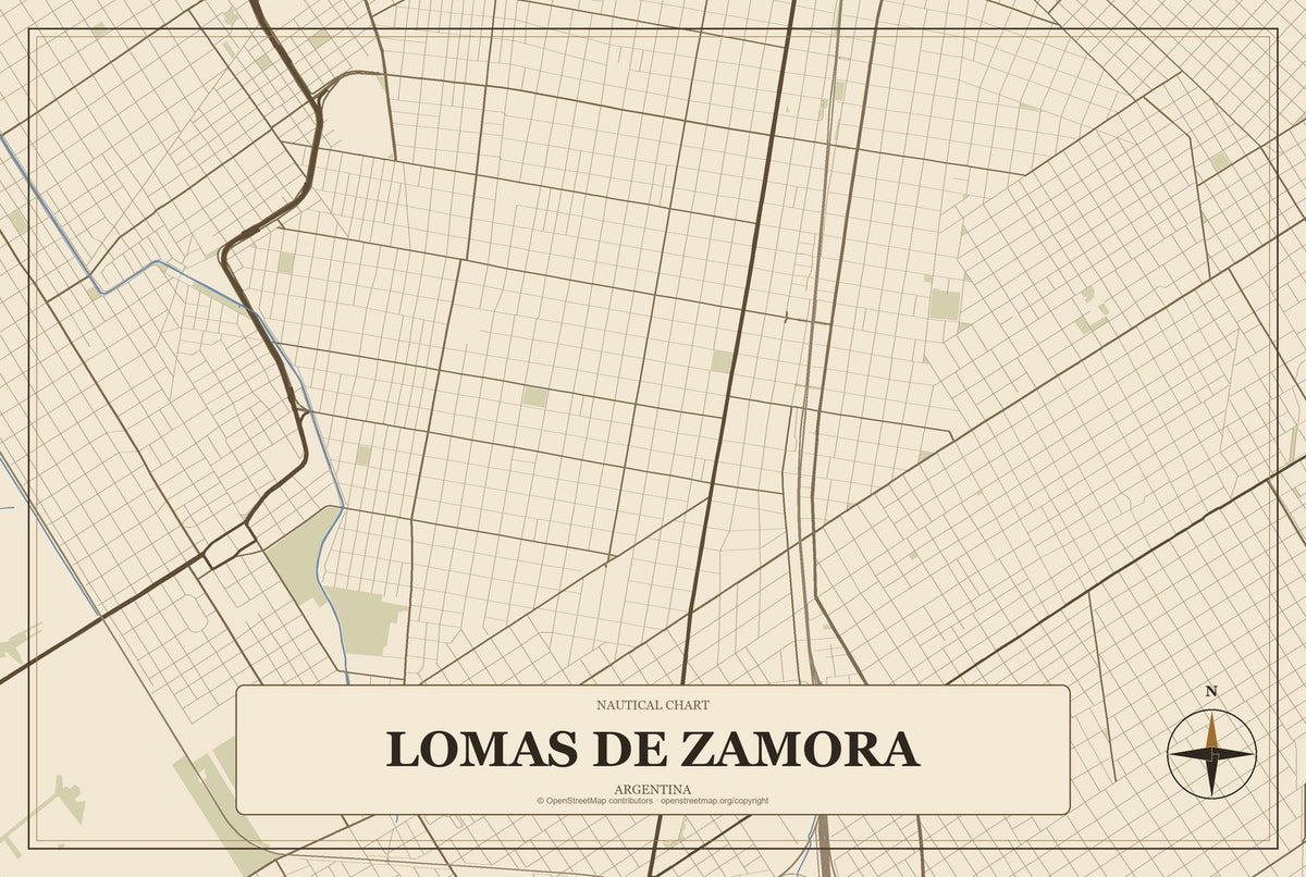 Lomas de Zamora, Argentina City Map Aluminum Sign in Heritage Nautical style