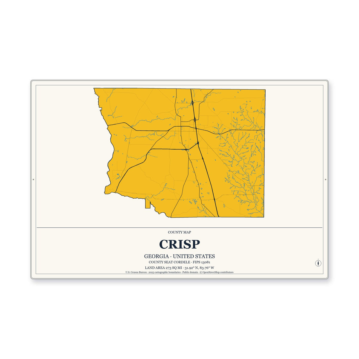 Crisp County, Georgia Map Aluminum Sign in Citrine Modern style