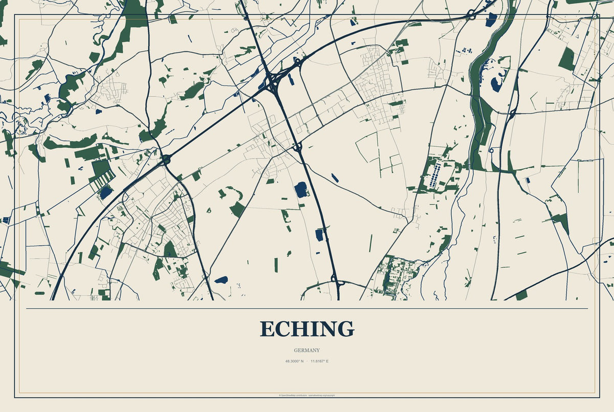Eching, Germany City Map Aluminum Sign in Coastal Cutout style