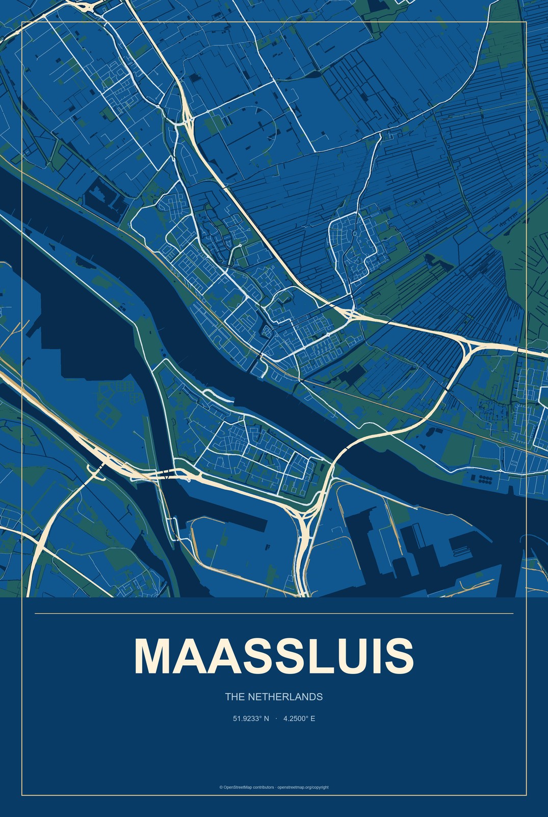 Maassluis, The Netherlands City Map Aluminum Sign in Harbor Cobalt style