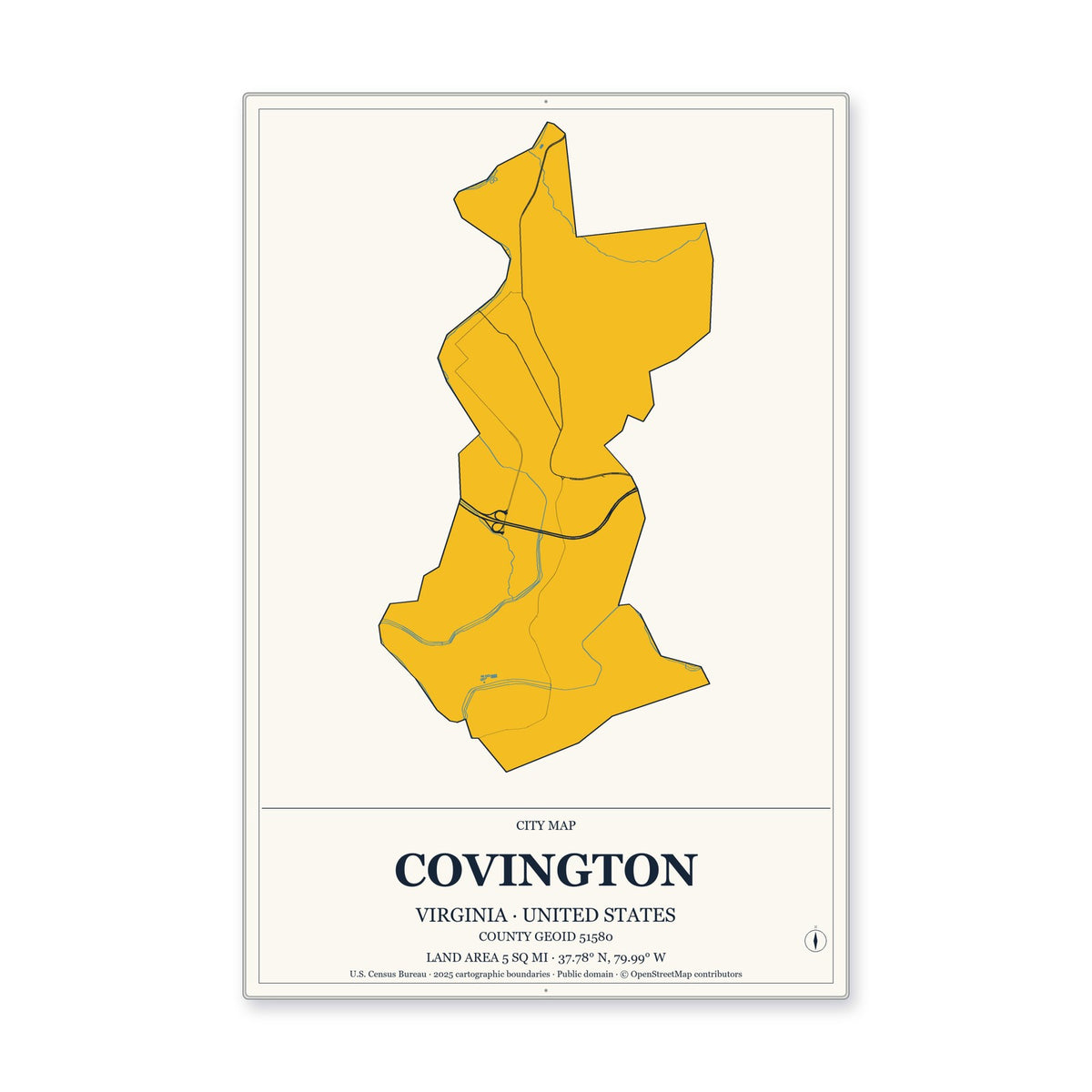 Covington city, Virginia Map Aluminum Sign in Citrine Modern style