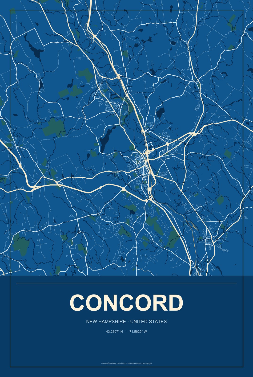 Concord, New Hampshire City Map Aluminum Sign in Harbor Cobalt style