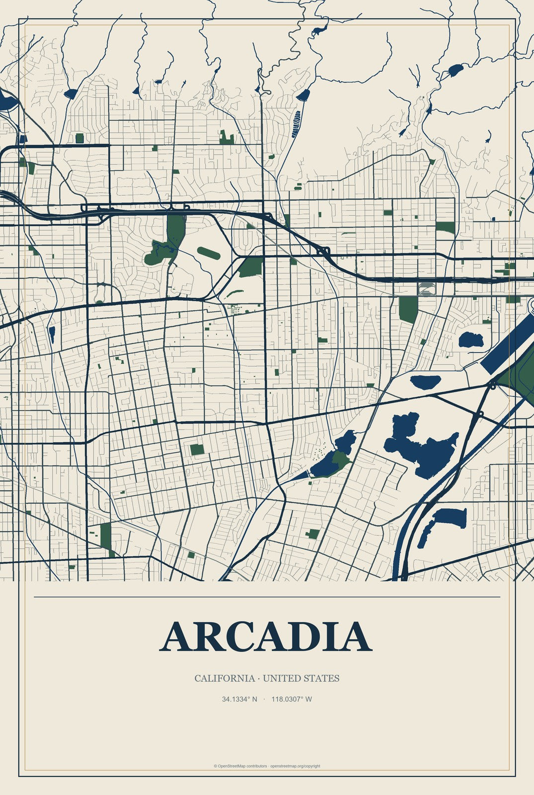Arcadia, California City Map Aluminum Sign in Coastal Cutout style
