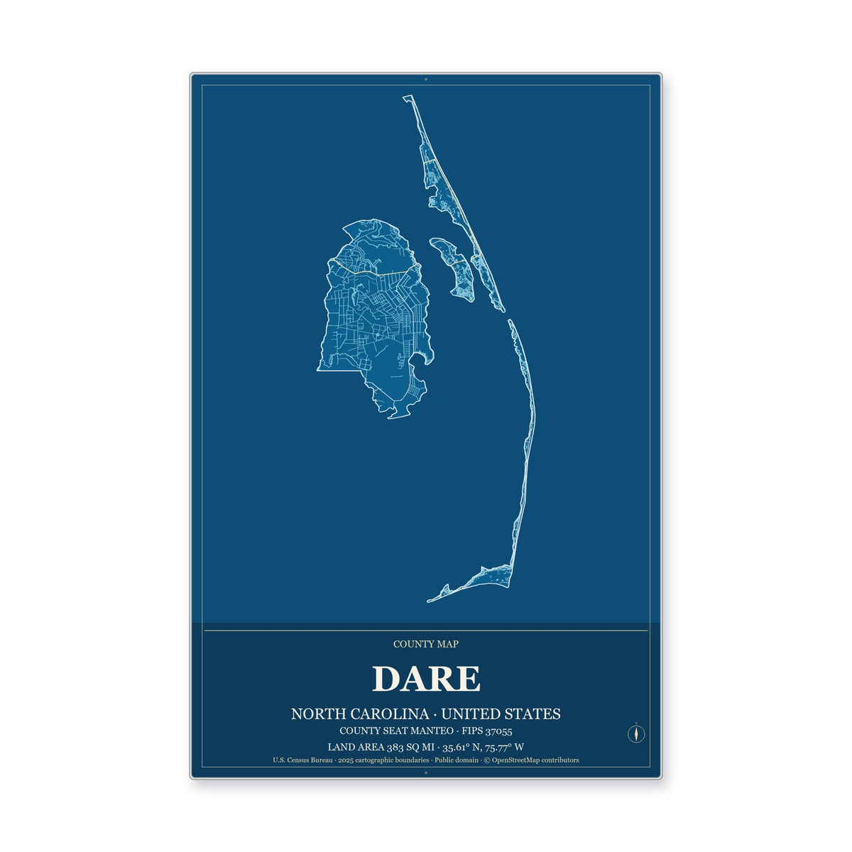Dare County, North Carolina Map Aluminum Sign in Harbor Cobalt style