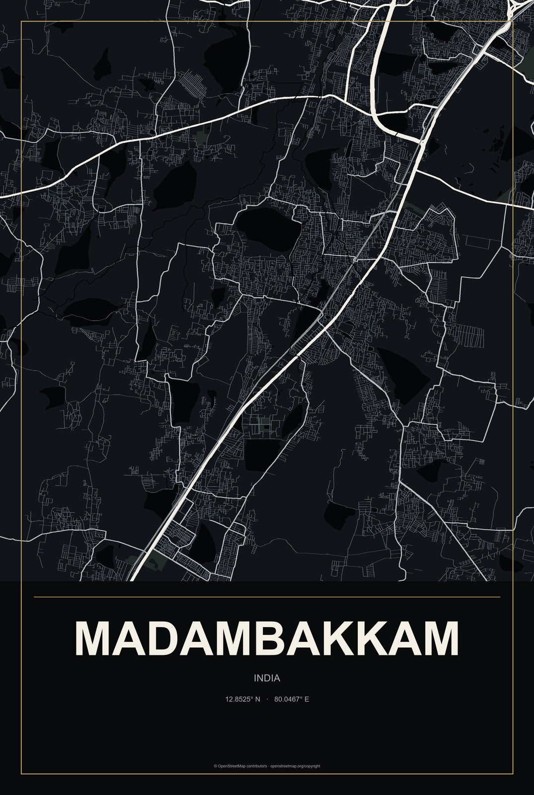 Madambakkam, India City Map Aluminum Sign in Metropolitan Noir style