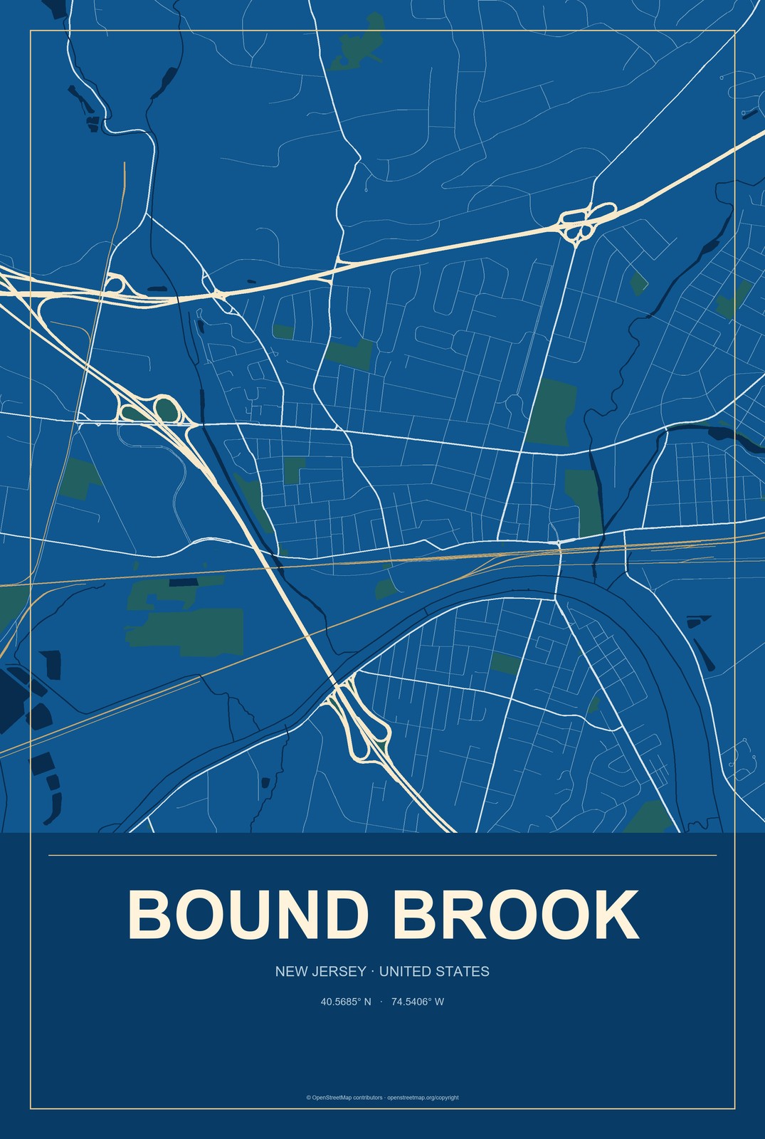 Bound Brook, New Jersey City Map Aluminum Sign in Harbor Cobalt style