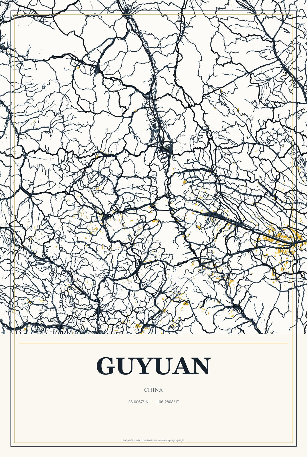 Guyuan, China City Map Aluminum Sign in Citrine Modern style