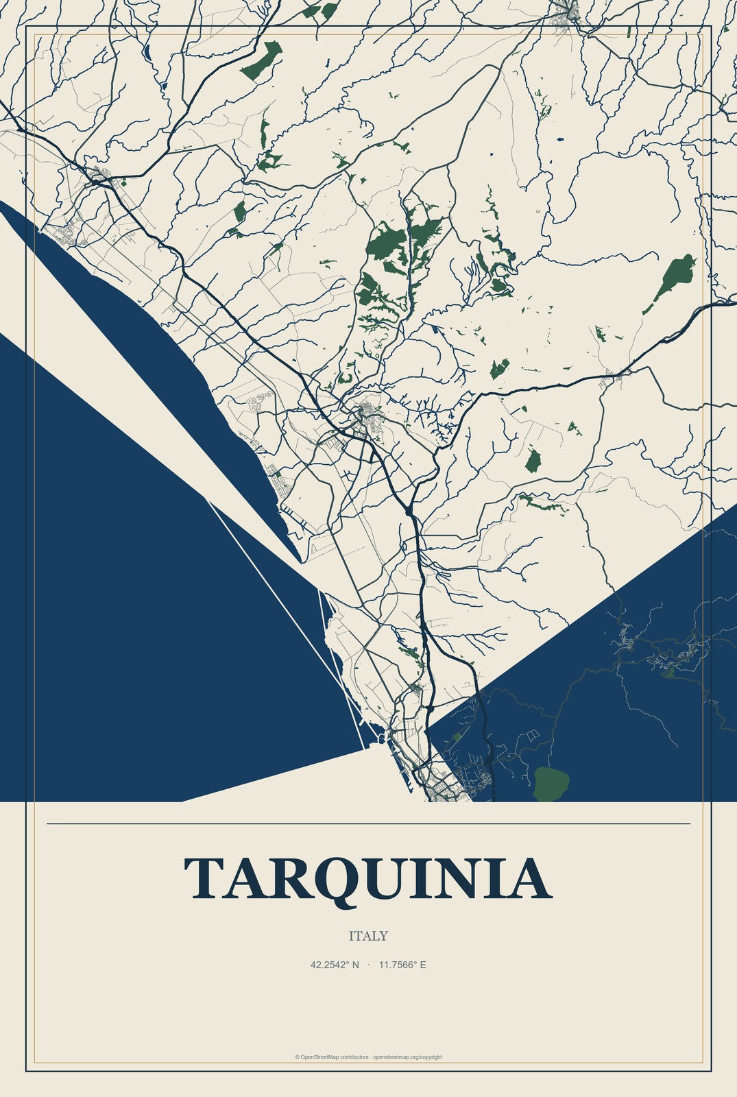 Tarquinia, Italy City Map Aluminum Sign in Coastal Cutout style