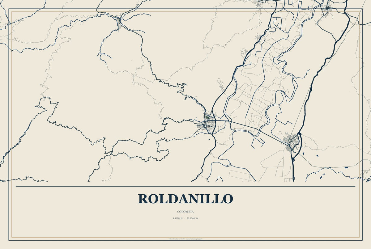 Roldanillo, Colombia City Map Aluminum Sign in Coastal Cutout style