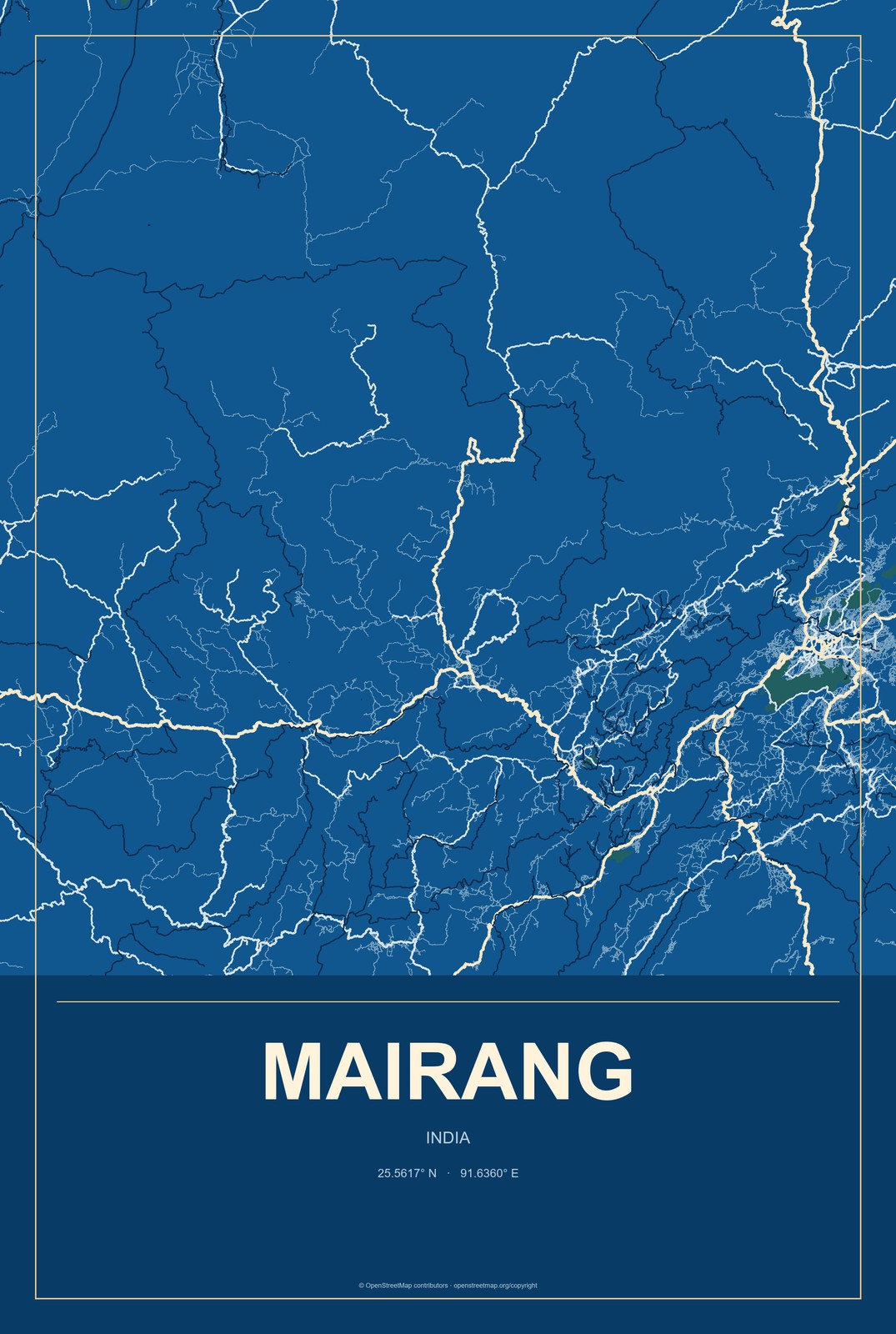 Mairang, India City Map Aluminum Sign in Harbor Cobalt style